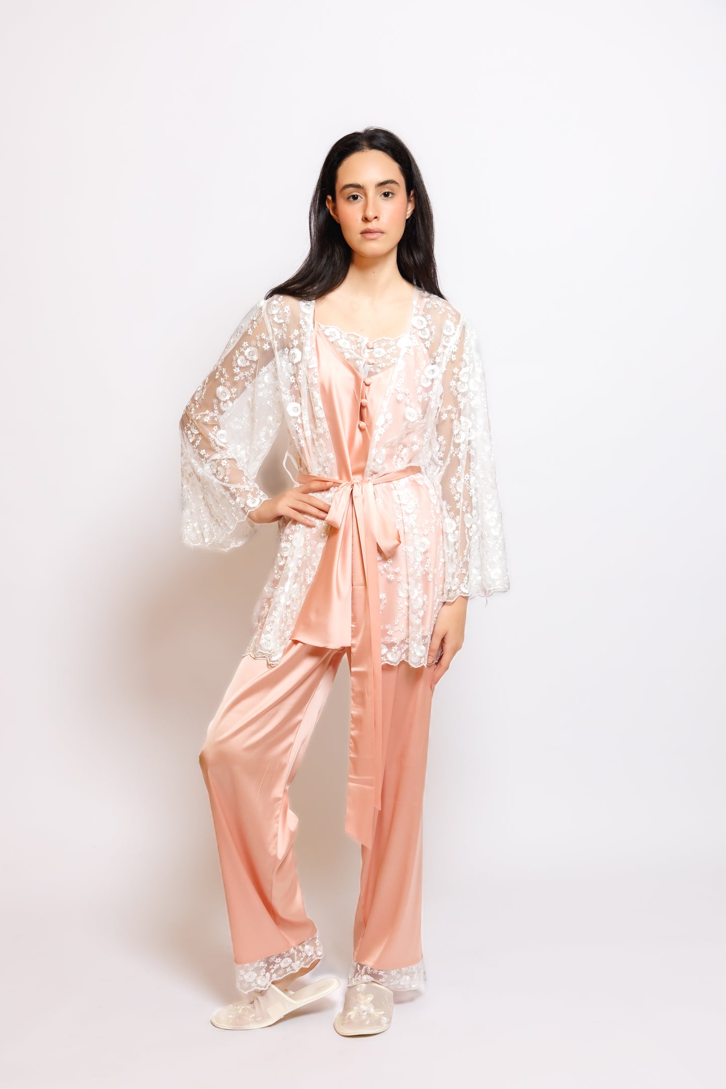 SILK PAJAMA 3 IN 1 W/SOFT LACE ROBE