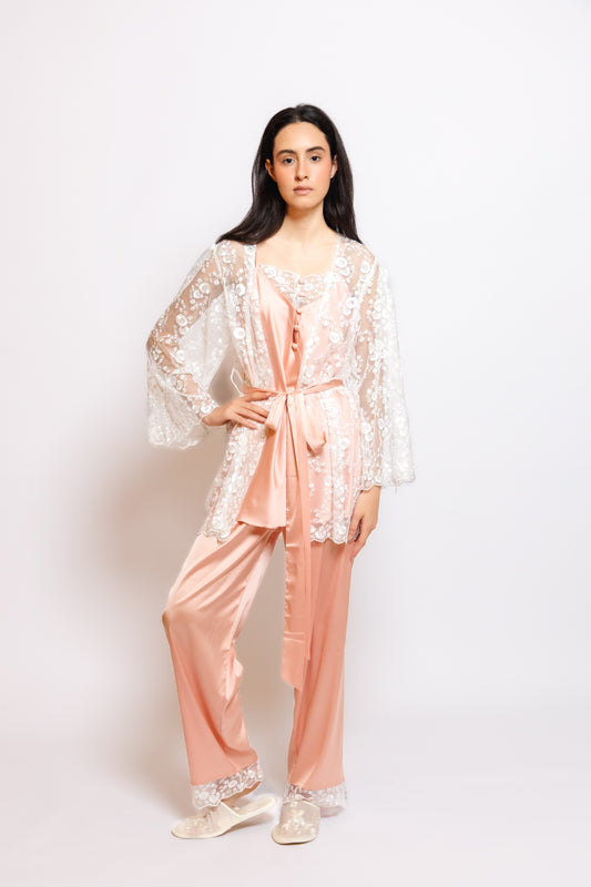 SILK PAJAMA 3 IN 1 W/SOFT LACE ROBE