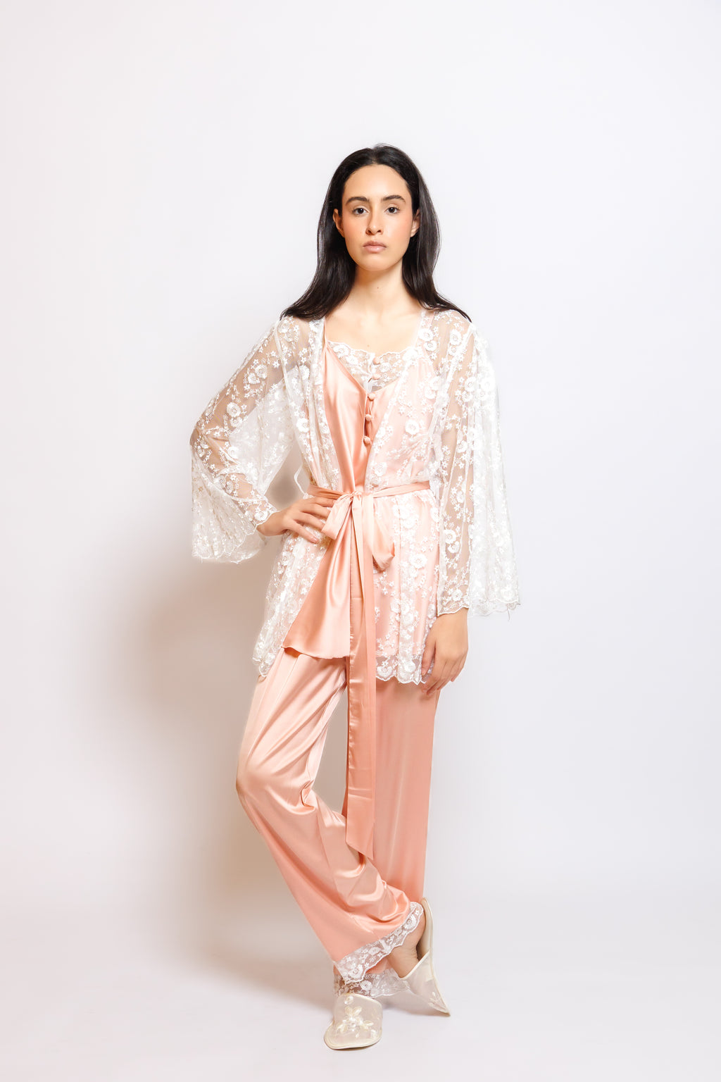 SILK PAJAMA 3 IN 1 W/SOFT LACE ROBE