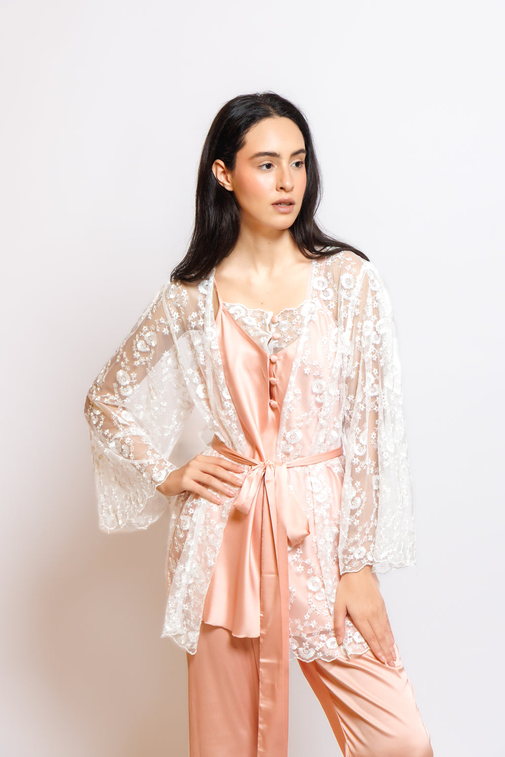 SILK PAJAMA 3 IN 1 W/SOFT LACE ROBE