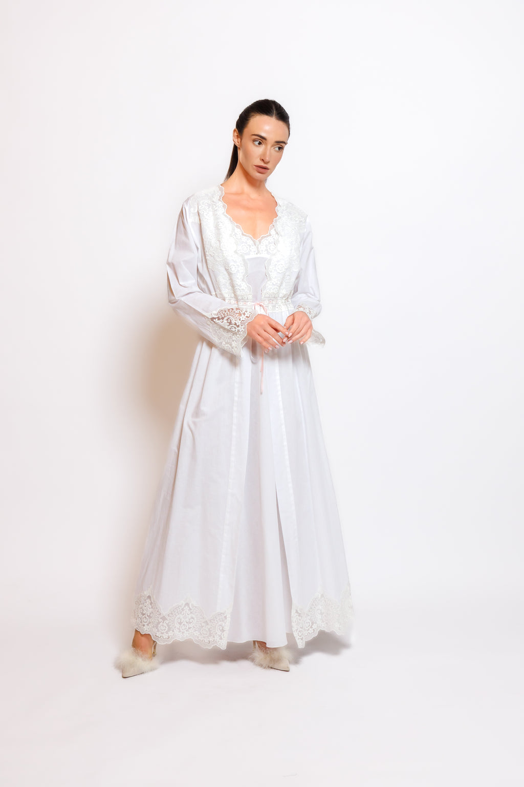 COTTON NIGHTY & ROBE W/LACE