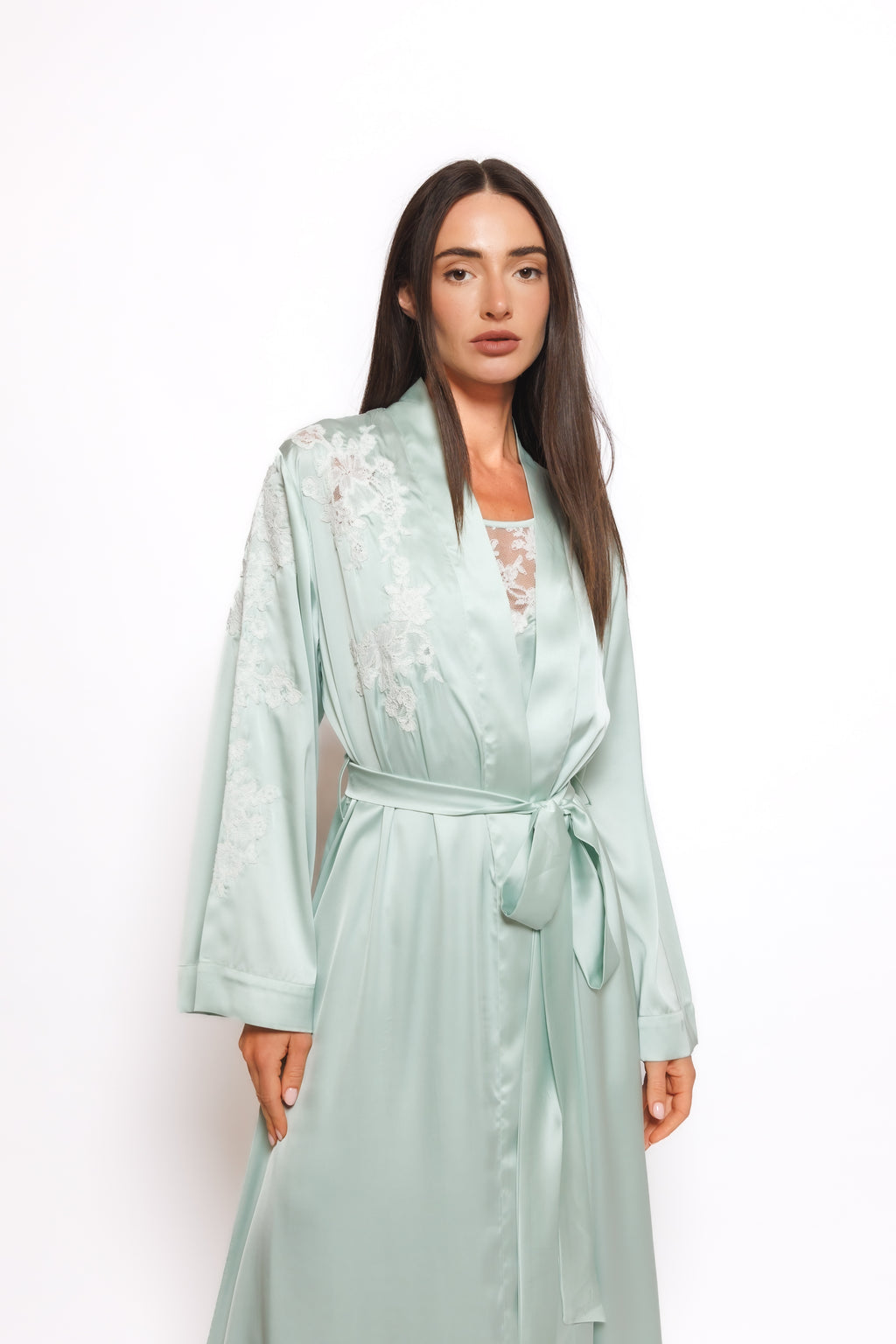 Long set silk nighty and robe w/lace