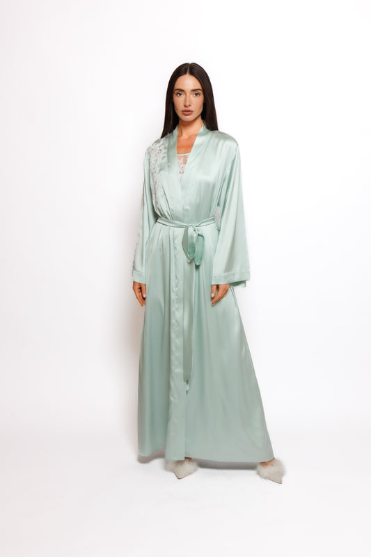 Long set silk nighty and robe w/lace
