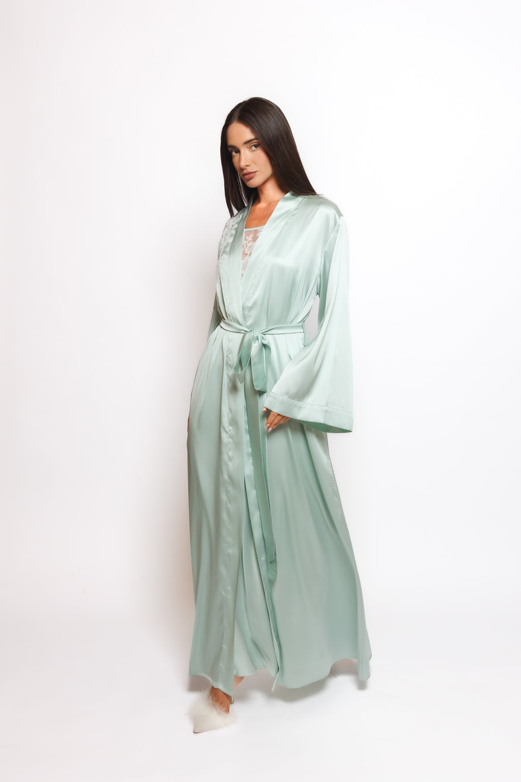 Long set silk nighty and robe w/lace