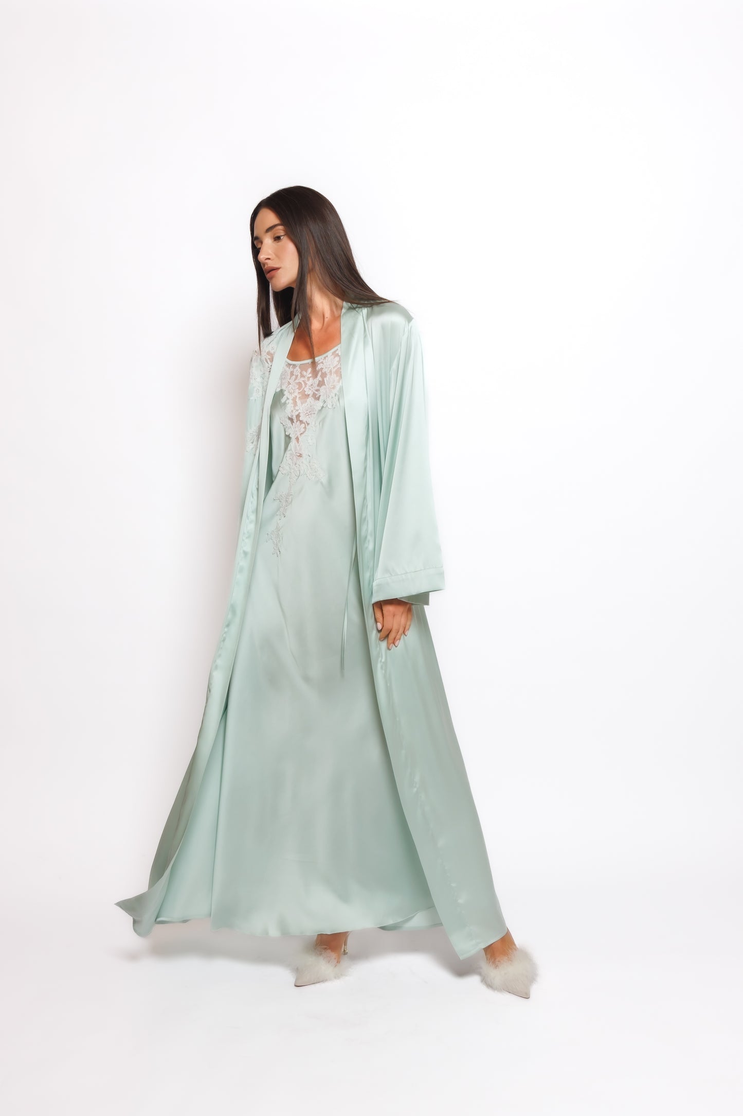 Long set silk nighty and robe w/lace