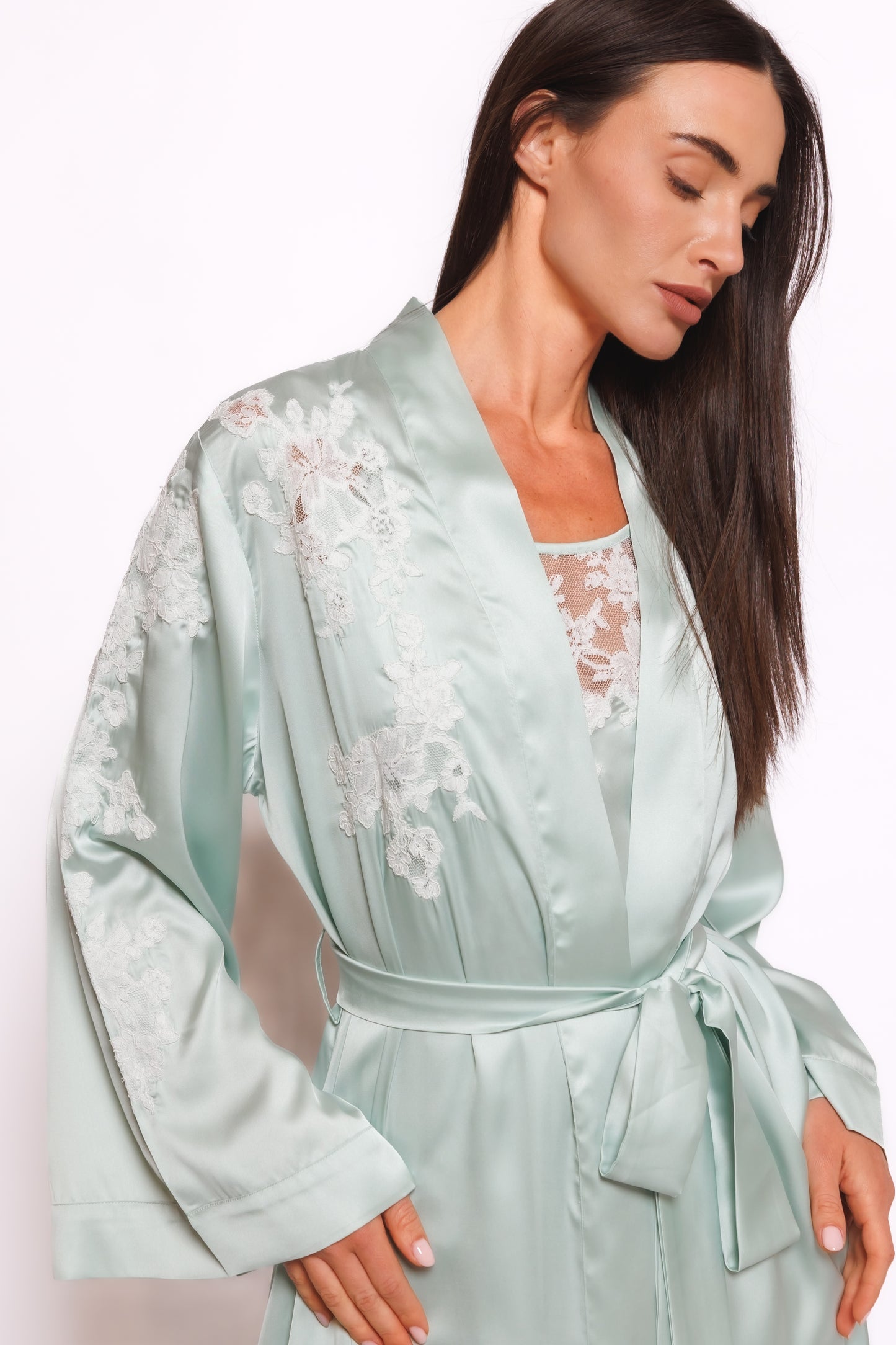 Long set silk nighty and robe w/lace