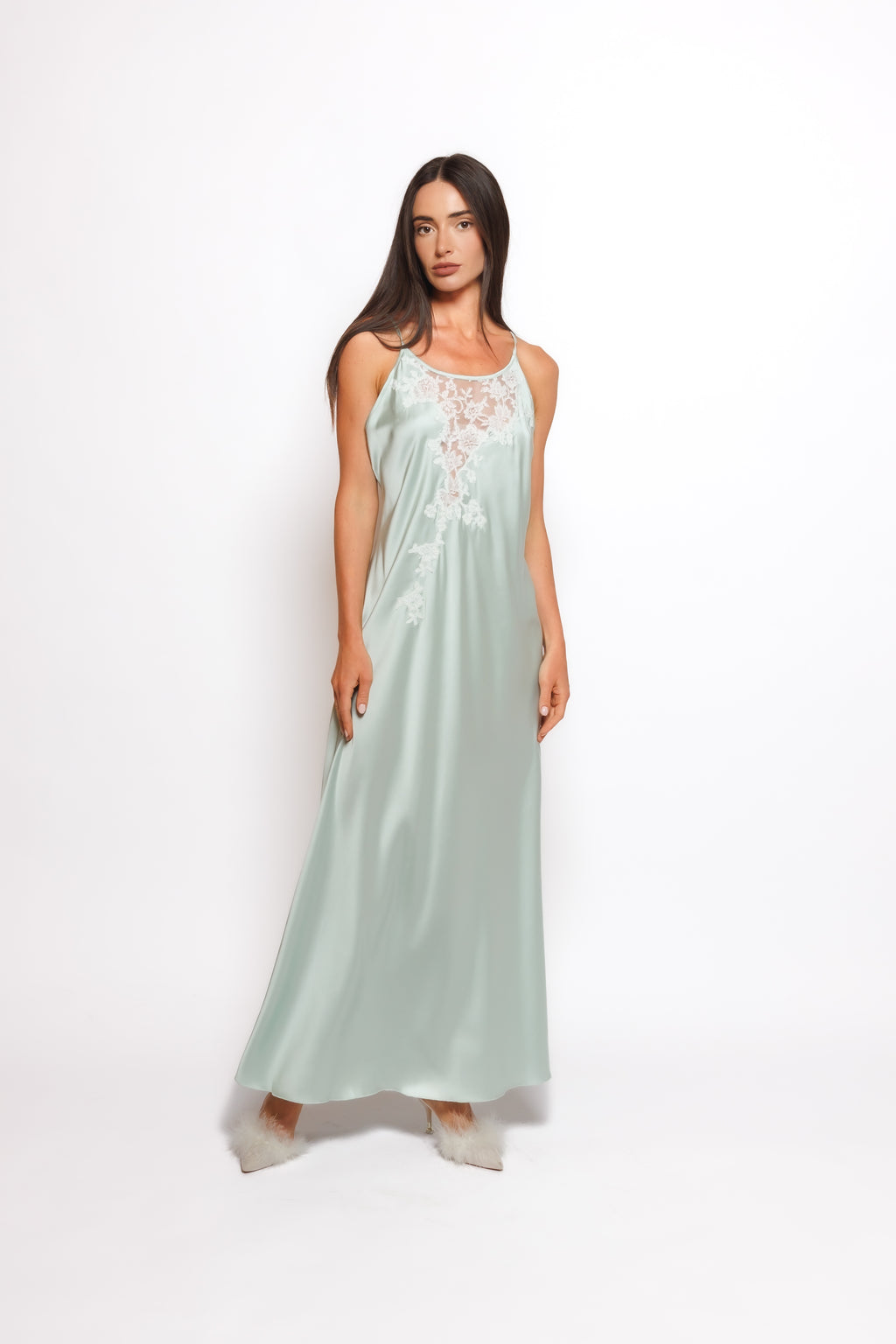 Long set silk nighty and robe w/lace