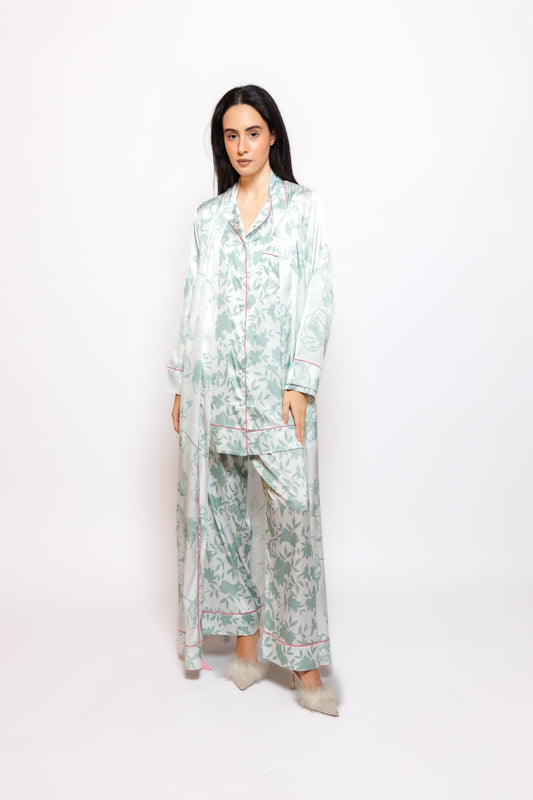 PRINTED SILK 3 IN 1 PAJAMA  W/LONG ROBE