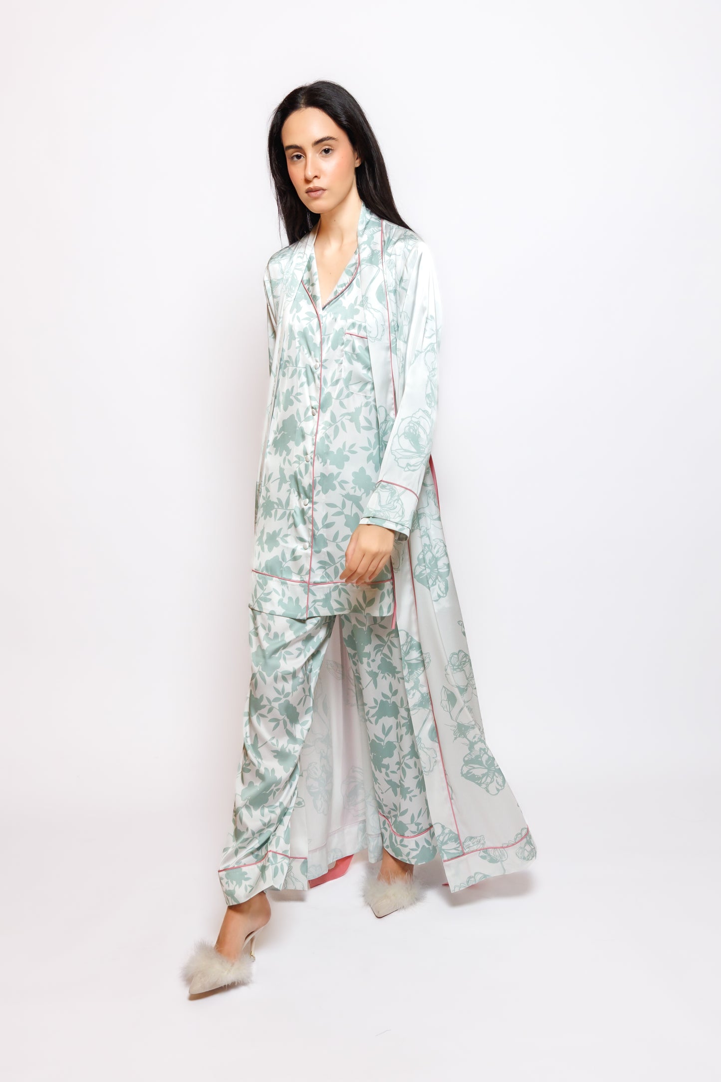 PRINTED SILK 3 IN 1 PAJAMA  W/LONG ROBE
