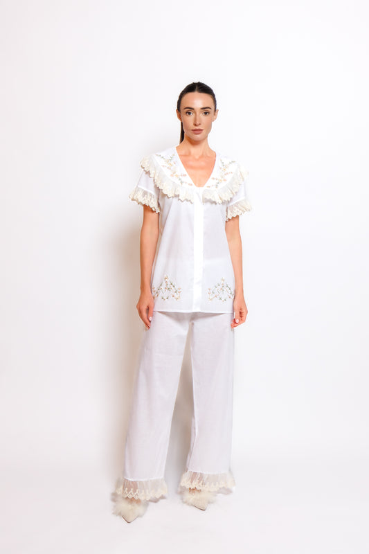 COTTON PAJAMA SET W/EMBROIDERY & LACE