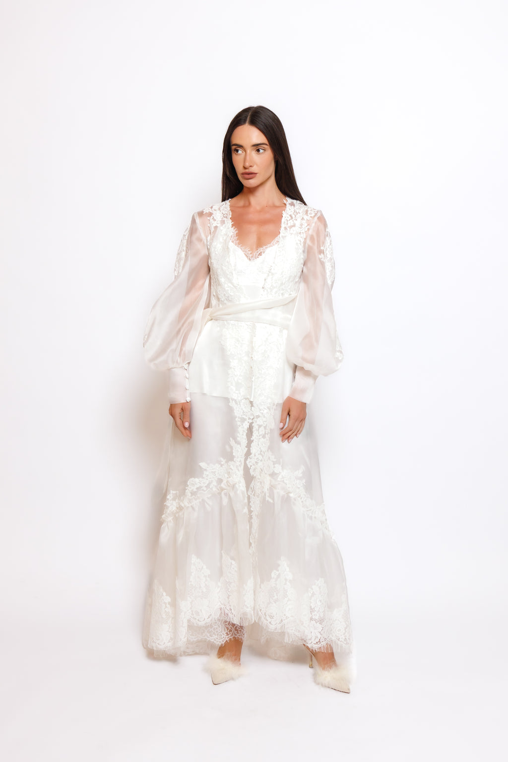 SILK PAJAMA ORGANZA ROBE W/LACE