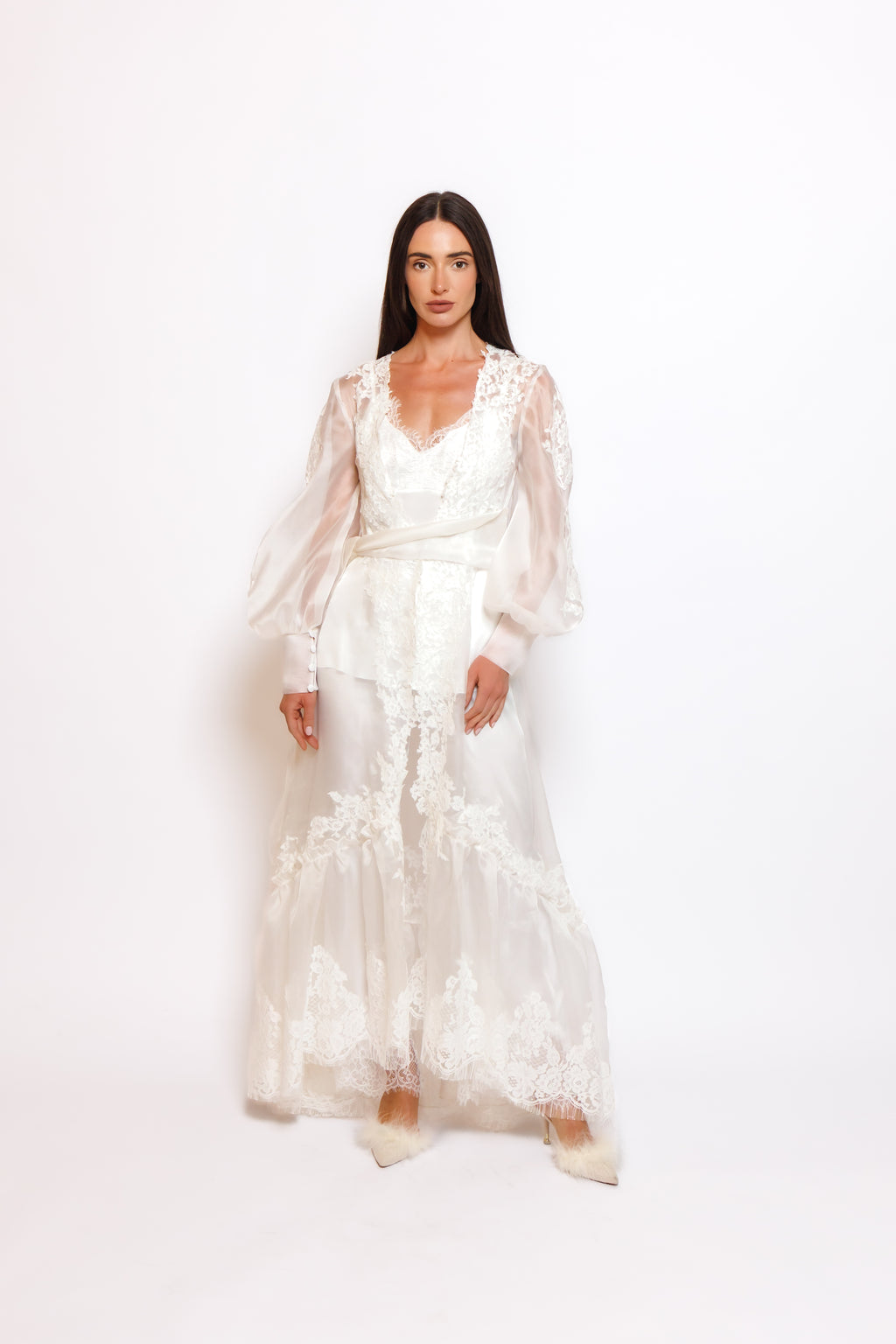 SILK PAJAMA ORGANZA ROBE W/LACE