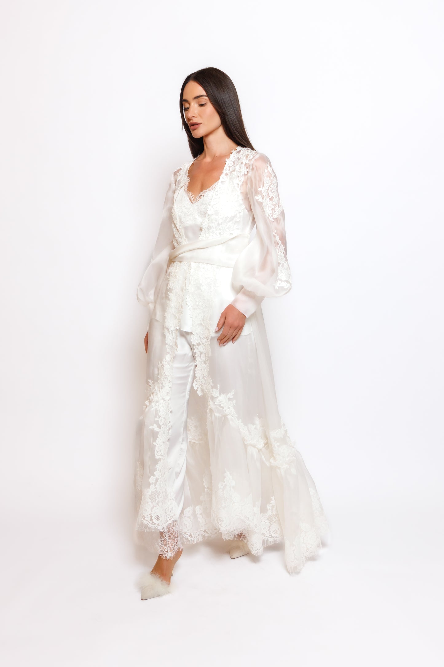 SILK PAJAMA ORGANZA ROBE W/LACE