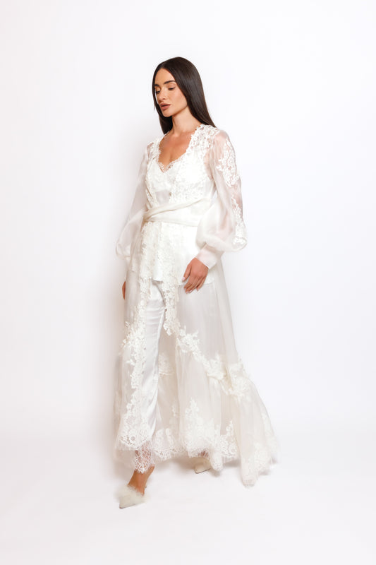 SILK PAJAMA ORGANZA ROBE W/LACE