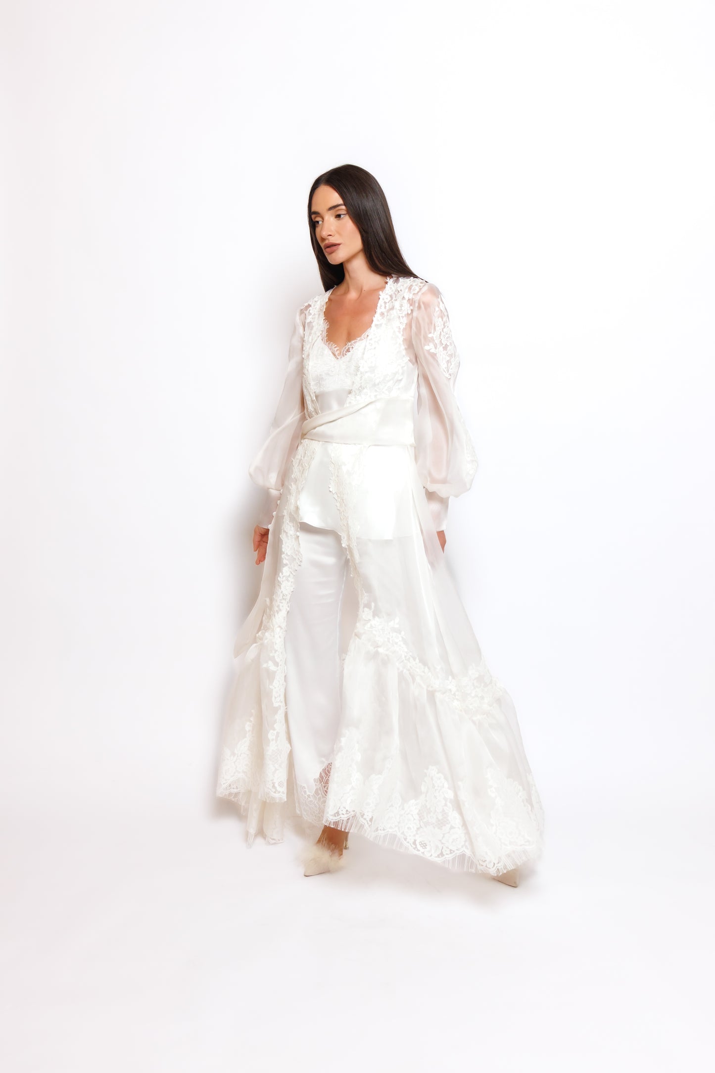 SILK PAJAMA ORGANZA ROBE W/LACE