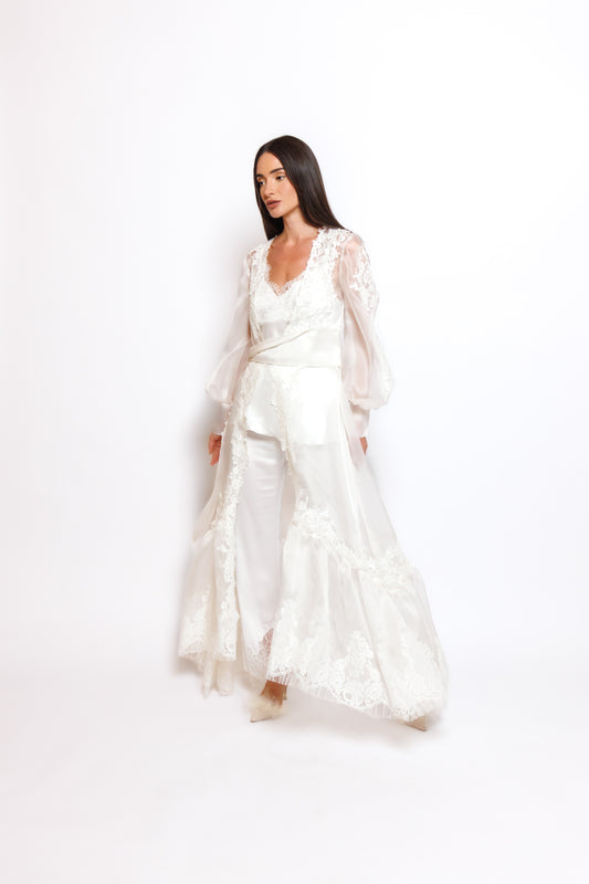 SILK PAJAMA ORGANZA ROBE W/LACE