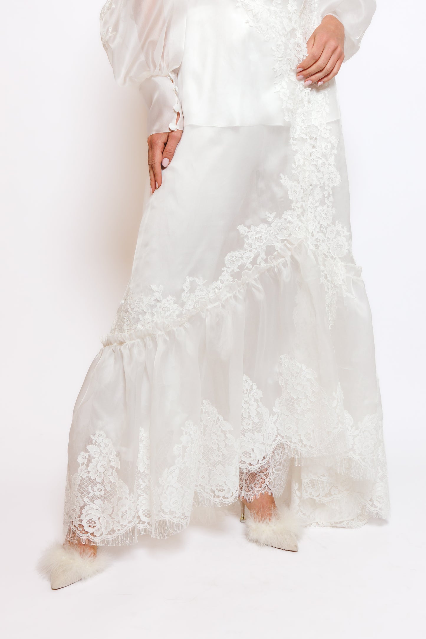 SILK PAJAMA ORGANZA ROBE W/LACE