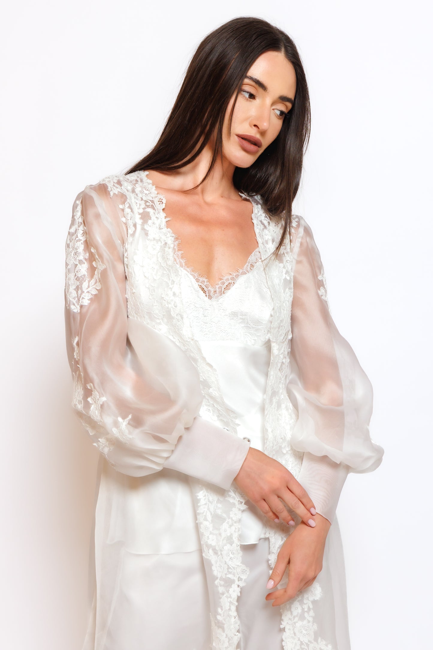 SILK PAJAMA ORGANZA ROBE W/LACE