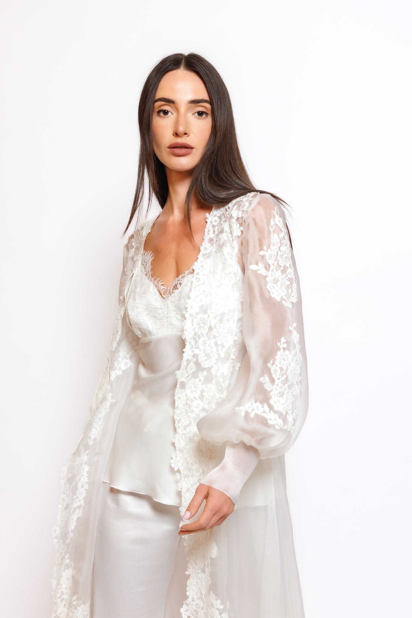 SILK PAJAMA ORGANZA ROBE W/LACE