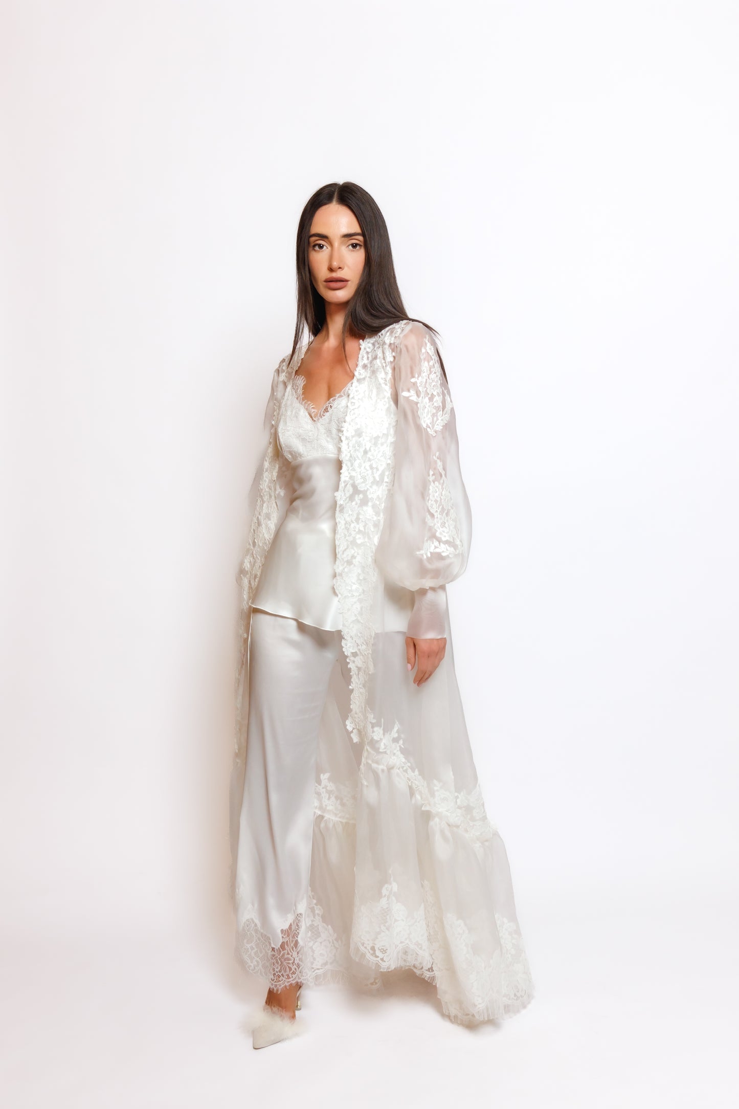 SILK PAJAMA ORGANZA ROBE W/LACE
