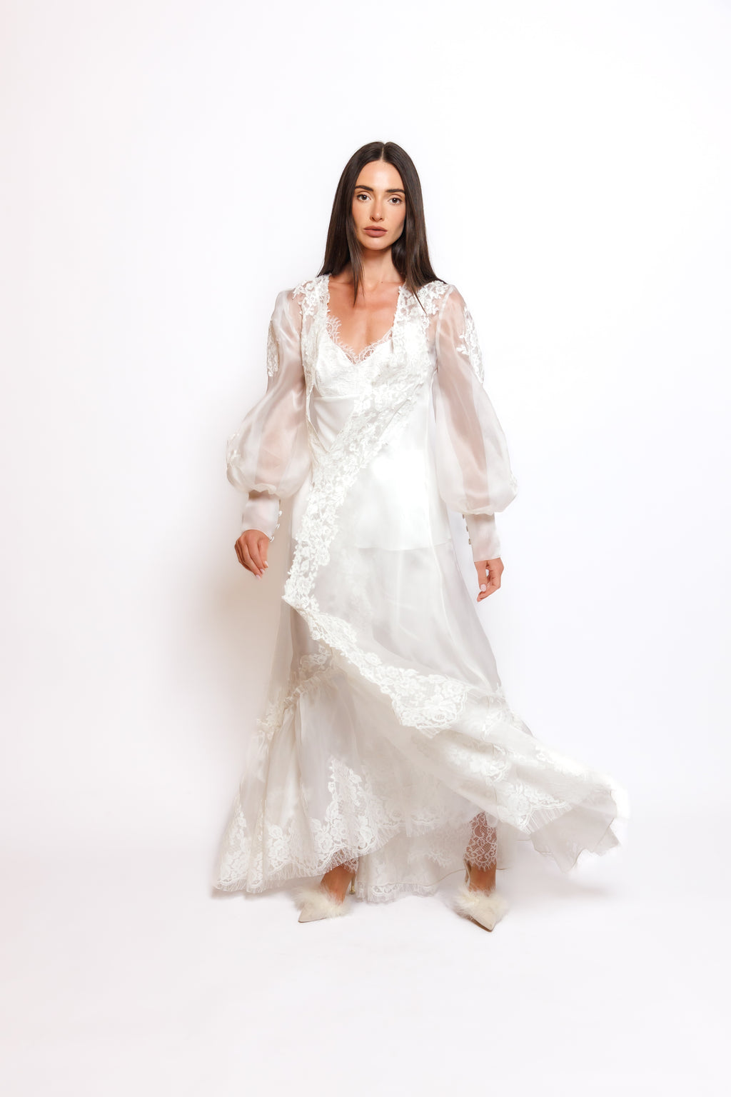 SILK PAJAMA ORGANZA ROBE W/LACE