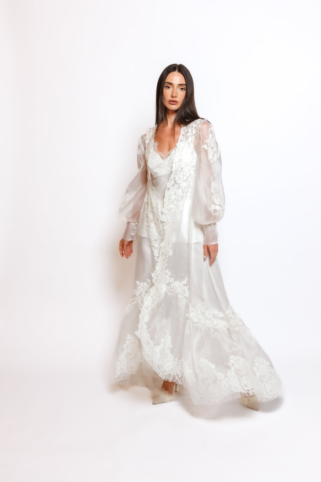 SILK PAJAMA ORGANZA ROBE W/LACE