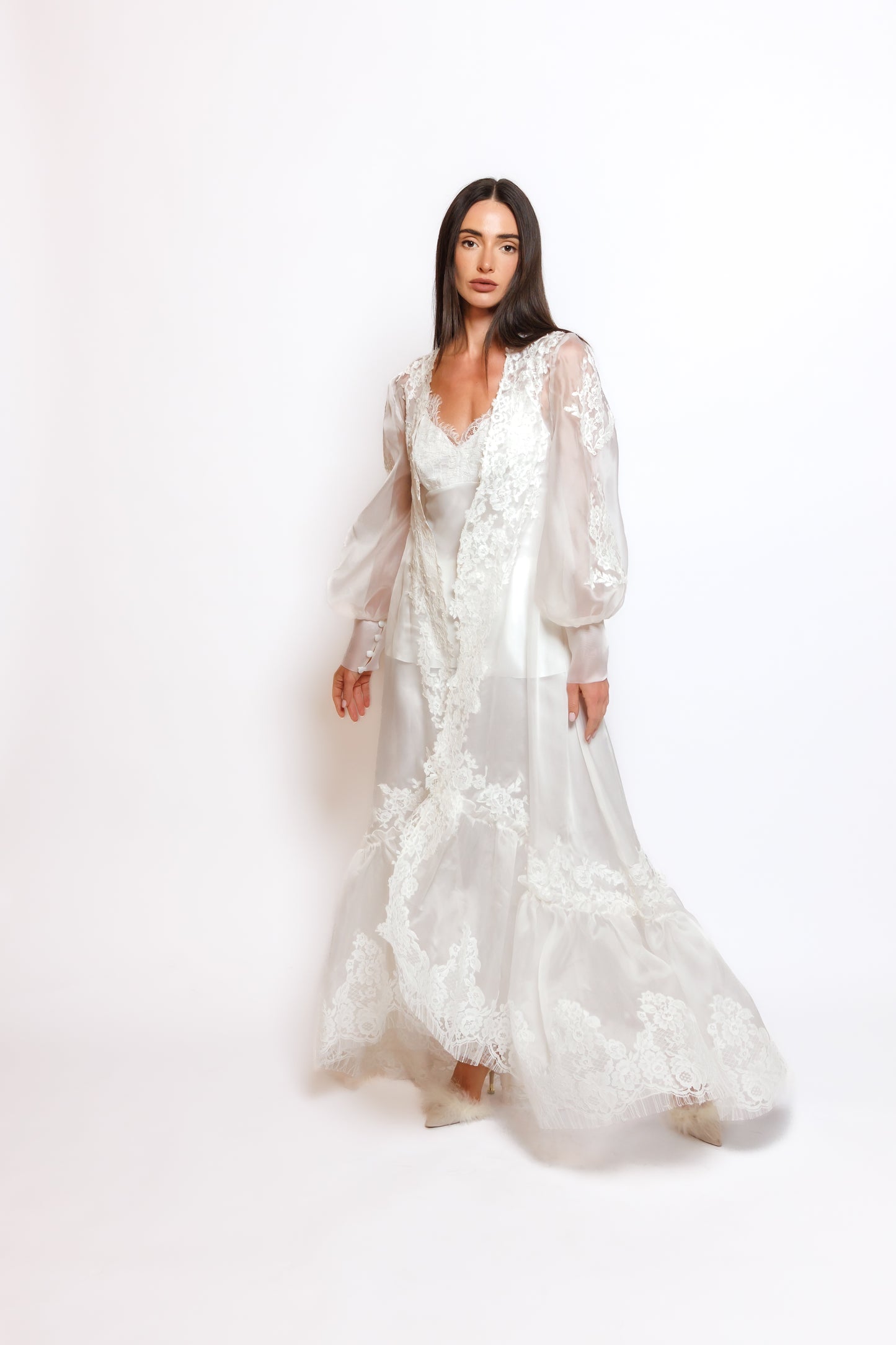 SILK PAJAMA ORGANZA ROBE W/LACE