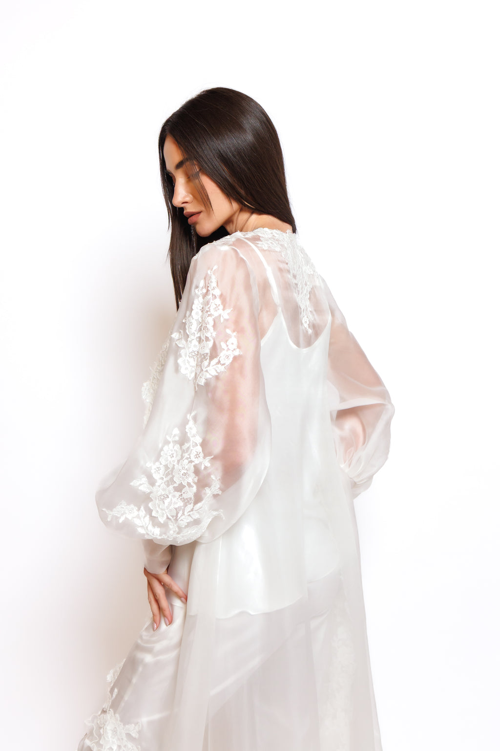 SILK PAJAMA ORGANZA ROBE W/LACE