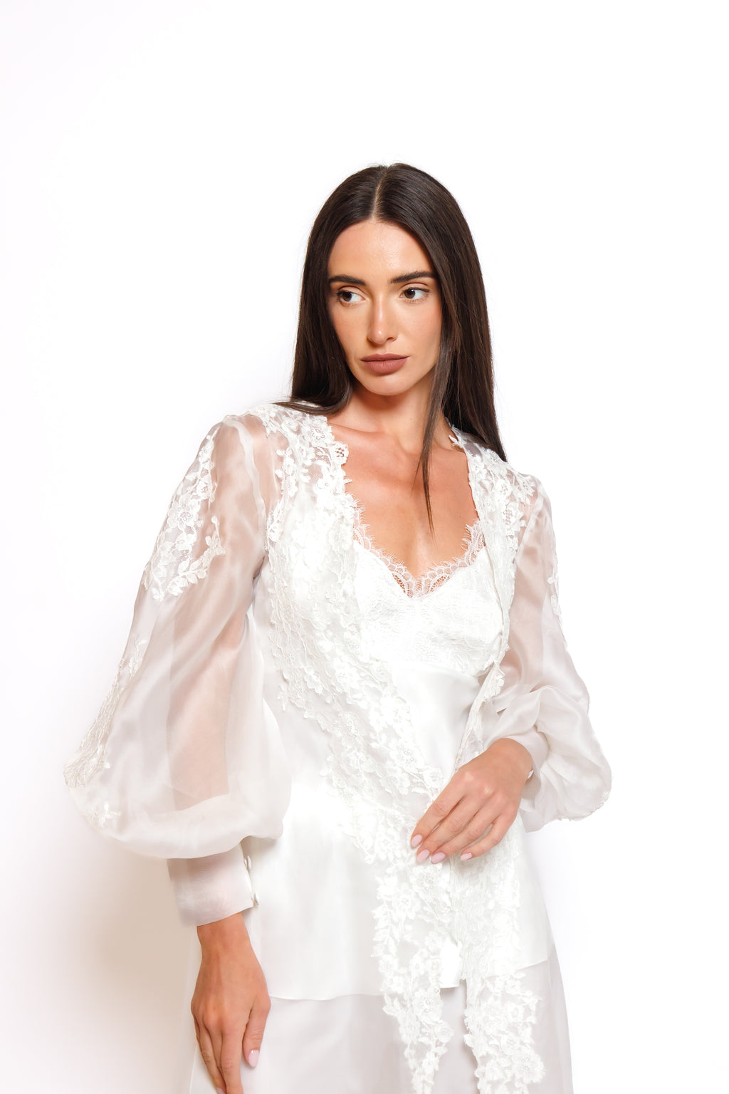 SILK PAJAMA ORGANZA ROBE W/LACE