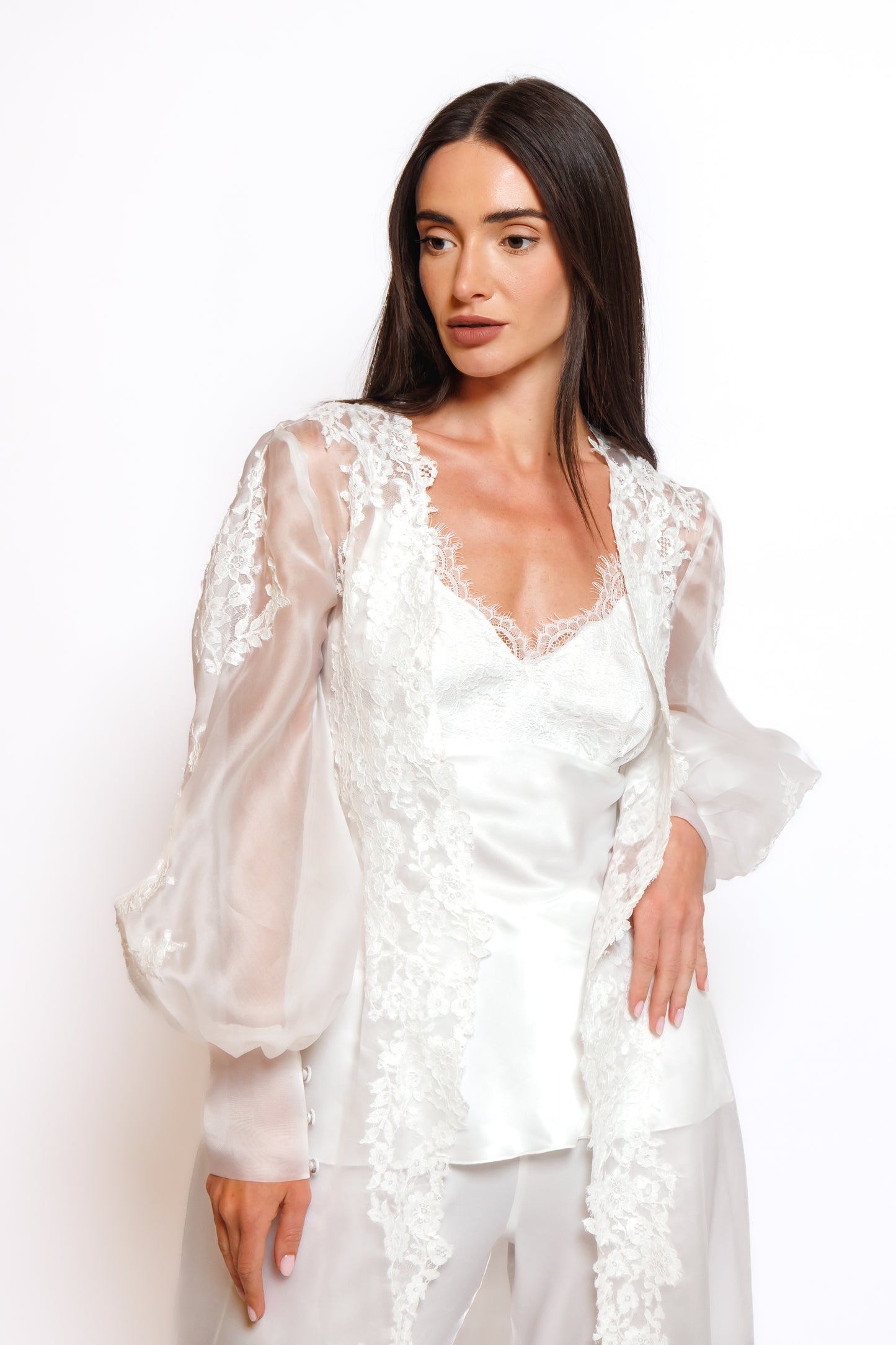 SILK PAJAMA ORGANZA ROBE W/LACE