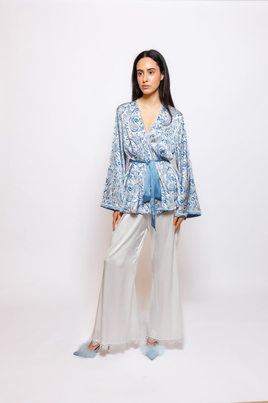 PRINTED SILK 2 IN 1 PLAIN WHITE PAJAMA